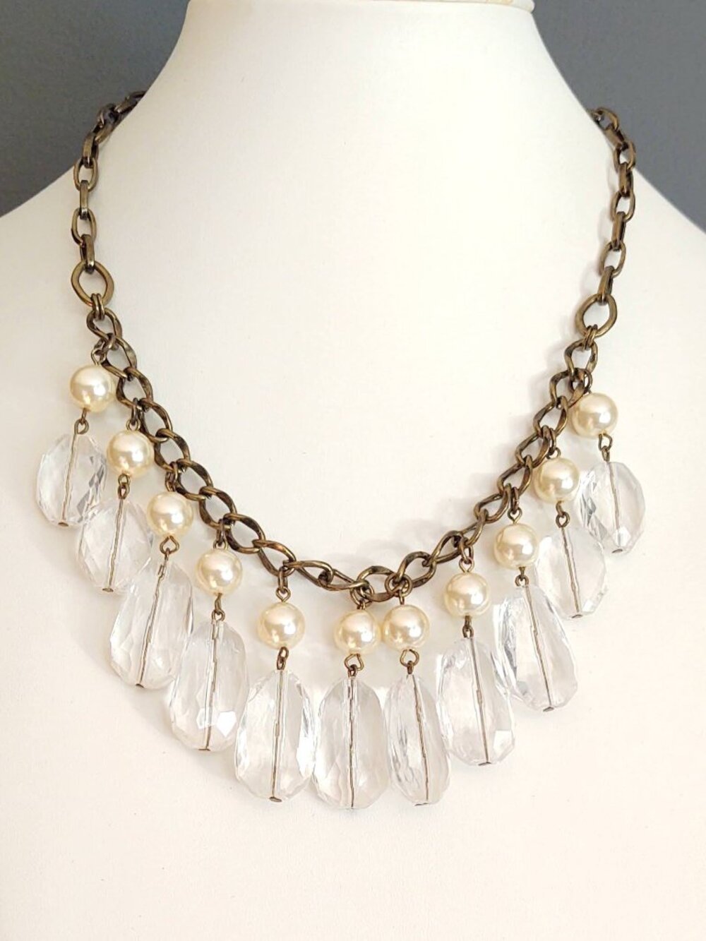 Faux pearl and clear bead dangle statement necklace